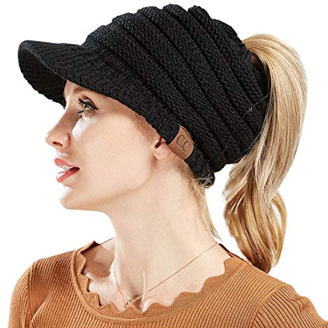 Yixda Winter Strickmütze Messy High Bun Pferdeschwanz Visor Beanie Cap