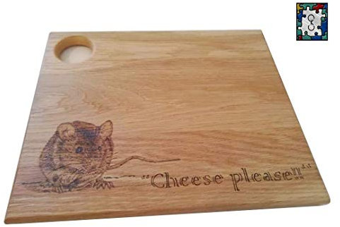 Handmade solid oak cheese board with mouse pyrography art - Small