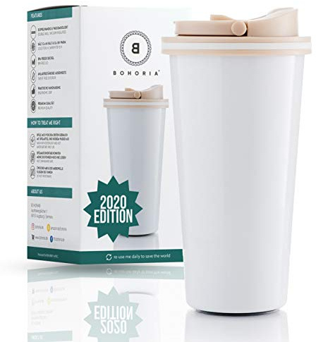 BOHORIA® Premium Edelstahl Kaffee-To-Go-Becher – Isolierbecher – Thermo-Becher – Doppelwandig & Vakuumisoliert - 500 ml – Reise-Becher Kaffee und Tee zum Mitnehmen – Autobecher Travel Mug (Mug White)