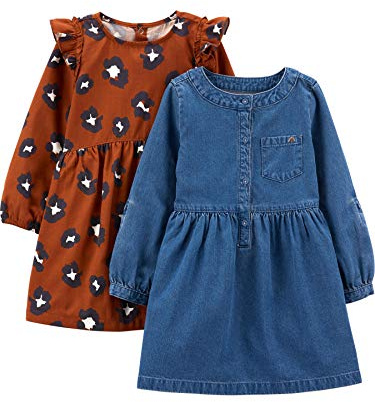 Simple Joys by Carter's Conjunto de Vestido de Manga Larga Niña, Pack de 2, Chambray/Guepardo, 5 años