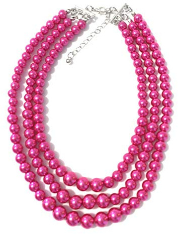 Caprilite Womens Faux Pearl 3 Layer Multi Strand Necklace Statement Bib Bead (Fuchsia Pink)