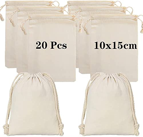 Lanjue 20 Pack Cotton Muslin Bags, White Drawstring Gift Bags, 10 x 15 cm | Breathable Pouches Reusable Packing Storage Bags, Double Drawstring, for Wedding Party Festival Gift And Storage Use