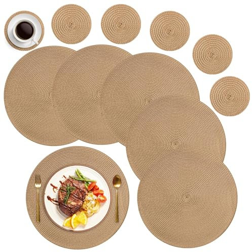 MI CASA Round Placemats and Coasters Set of 6, Round Braided Woven Place Mats Washable Heat Resistant Table Mats for Kitchen Dining Table Home Restaurant, Golden Brown
