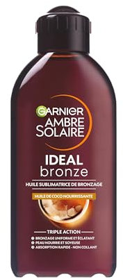 Garnier Ambre Solaire – Ideal Bronze – Huile Nourrissante Sublimatrice de Bronzage – Enrichie à l’Huile de Coco – Absorption Rapide – Non Collant – Tous Types de Peau - 200 ml