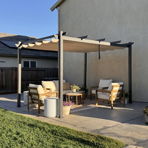 PURPLE LEAF Pergola 3.65 X 4.85 m Wasserdicht Stabil Winterfest, Gartenpavillon mit Sonnenschutz Überdachung, Aluminium Partyzelt für Festival, Events, Beige