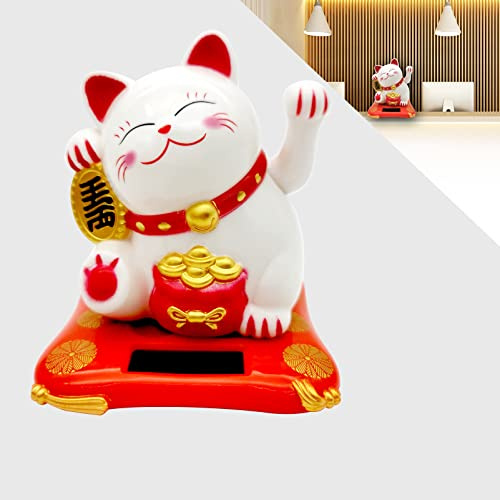 KOXXUD Lucky Cat Waving Arm Set, Vivid and Lovely Chinese Cat, Solar Fortune Cat Statue Decorations for Decorating Front Desk, Car, Business Openings, 4.13IN, White, 1PCS