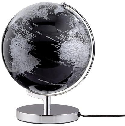 Globus mit 25 cm Durchmesser – TERRA LIGHT – integrierte Beleuchtung – verchromter Metallfuß – bewegliche Achse – schwarz, silberfarben – TROIKA Original