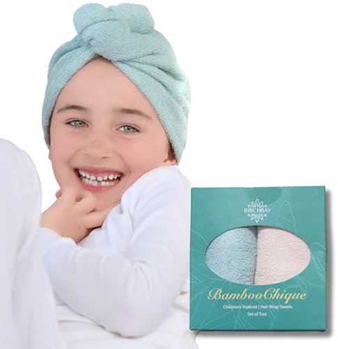 Hair Towel Wrap for Kids | 100% Bamboo Viscose |Tailored Small | Essential Hair Drying Wrap for Bath, Beach, Pool and Spa | Hair Accessory for Girls | Set of 2 | Seafoam Blue + Seashell Blush Pink