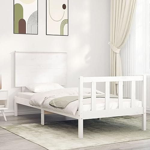 Camerina Massivholzbett mit Kopfteil Bettgestell Bed Frame Holzbett Kopfteil Bett Schlafzimmer Bett Massivholzbetten Weiß 100x200 cm 3193392