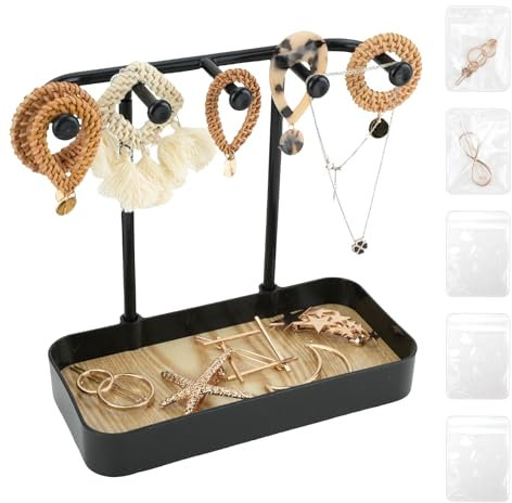 Schmuckständer Klein mit 5 Schmucksäckchen, Multifunktional Schmuckhalter mit Bodenschale, Ohrringhalter Schmuckaufbewahrung für Halsketten, Armbänder, Armreifen, Ringe, Uhren, Parfüm (schwarz)