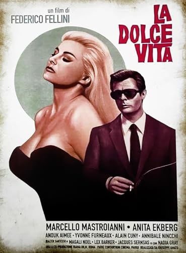 KUSTOM ART Poster Decorativo da Parete Serie Locandine Film Celebri La Dolce Vita con Marcello Mastroianni e Anita Ekberg Stampa Artistica su Carta Patinata 40x30 cm Senza Cornice