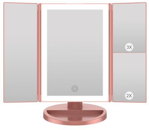 WEILY Schminkspiegel mit Beleuchtung, Kosmetikspiegel mit 1X/2X/3X Vergrößerung, Faltbare Schminkspiegel mit LED-Beleuchtung und Touchscreen, Tischspiegel Unterstützung USB und Batterie (Rosengold)