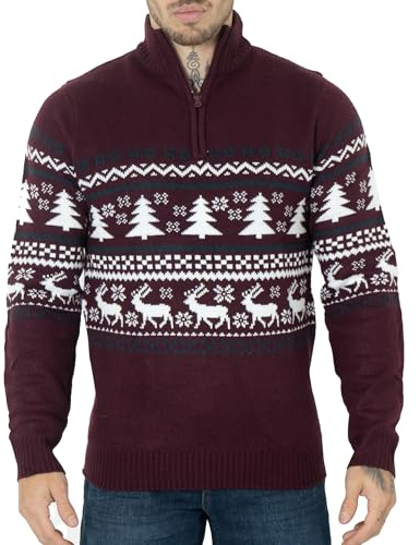 NOROZE Jultröja för män, ”Fair Isle”-tröja, tjock, stickad jultröja för kvinnor, unisex, pullover, brittiska storlekar S–2XL, Vinröd, 3XL