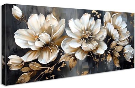 Wooden Framed Canvas Wall Art Beige Peonies Flowers Painting on Canvas Prints Poster Golden Leaves Floral Pictures for Living Room Bedroom Restaurant Home Office Wall Decoration 50x120cm/20x48 inch