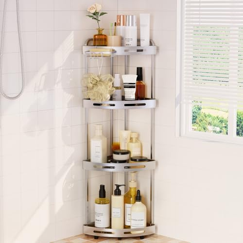 Binecer Eck-Duschablage, 4 Etagen, stehender Dusch-Organizer mit Seifenhalter, rostfreier Ständer, Duschregale für Badezimmer, Shampoo, Aufbewahrung, Silber