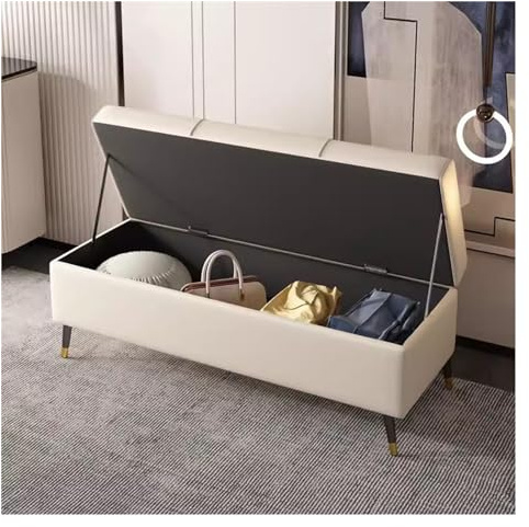 WIGSELBL Panca ottomana imbottita in finta pelle con contenitore, poggiapiedi da ingresso con coperchio incernierato, moderna ottomana con gambe in metallo (crema, 80 cm)
