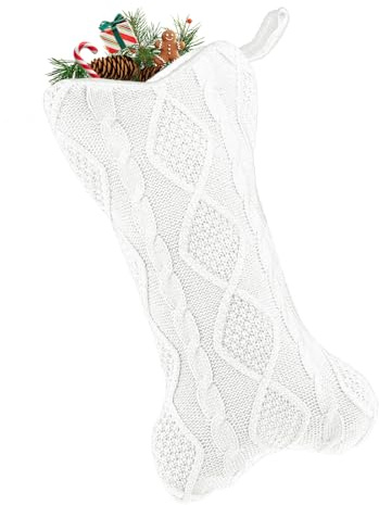 Calza di Natale per Cani, Calza di Natale Lavorata a Maglia Carina a Forma di Osso Grande Calza per Animali Domestici per Feste di Natale Decorazione da Appendere per Camino (Bianco)