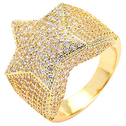 Ringschmuck, Hip-Hop-Bling-Pentagramm-Zirkonring – 14 Karat vergoldeter Iced Out CZ-Simulationsdiamant-3D-Sternring – handgefertigter Rapper-Männer-Frauen-Street-Rock (Farbe: Gold, Größe: 09)