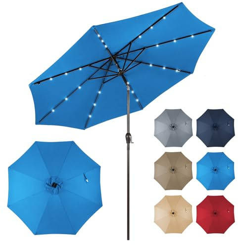 COSTWAY Parasol de Jardin Extérieur Ø 300 CM, Lumineux Solaire avec 24 LED, Inclinable avec 8 Baleines Métalliques Robustes, pour Balcon Jardin Terrasse (Bleu Clair)