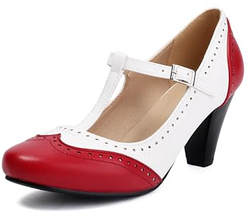 elerhythm dam Mary Jane Two Tone Classic och Retro Oxford Wingtip 1920-talet Pump Heels 1950-talet vintage rund stängd tå 1940-talet ankelrem klänning skor, röd, 40 EU