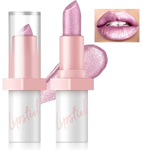 Noerrors Rouge à lèvres pailleté rose métallique Frost, couleur à haute brillance, rouge à lèvres nude rose clair crème diamant résistant aux transferts, maquillage à lèvres chatoyant longue tenue