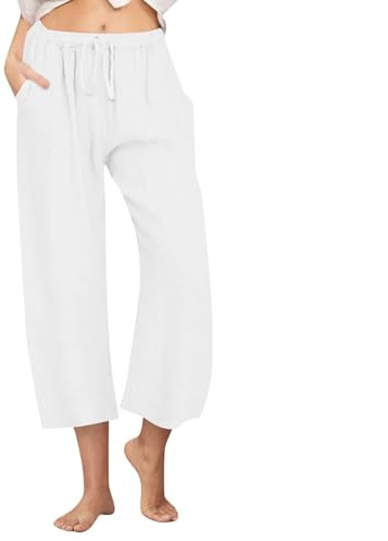 KUIH Linen Trousers Womens Elastic Waist Cropped Trousers Lightweight Summer Capri Pants with Pockets Ladies Casual Linen 3/4 Length Trouser Straight Leg Beach Pants Tracksuit Bottoms