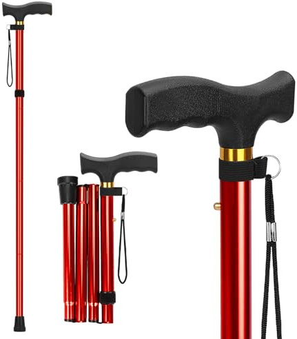 supregear Bastone Pieghevole - Altezza Regolabile, Leggero e Compatto, Ausilio alla Mobilità Richiudibile per Equilibrio, adatto a Uomini e Donne, Rosso