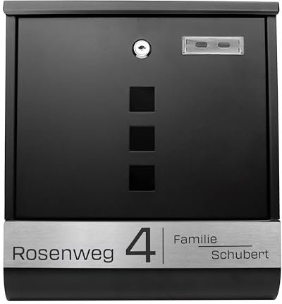 Grafner Briefkasten personalisiert, schwarz mit Zeitungsfach und 2 Schlüssel, V2A Namensschild, Postkasten mit Name Straße Hausnummer, Wandbriefkasten graviert, incl. Montagematerial anthrazit