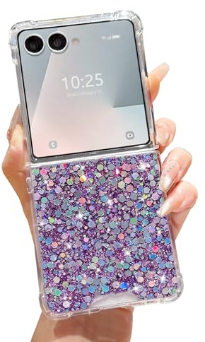 LCHULLE Compatible with Samsung Galaxy Z Flip 7 Case,Glitter Sparkly Sequins Bling Cute Bumper Phone Case for Women Girls,Sparkle Shockproof Cover for Samsung Z Flip 7 (2025),Purple