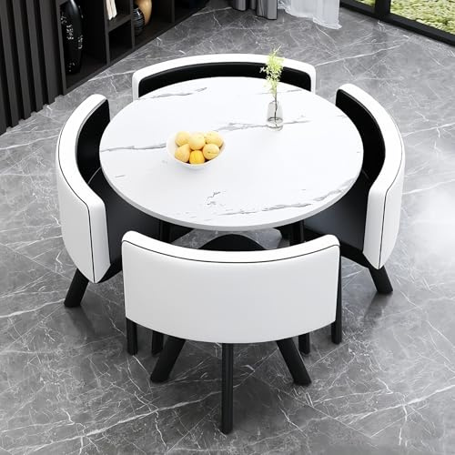 Dining Table Set with 4 Chairs, Round Kitchen Table and Chairs for 4, Compact Conference Tables Chair Set, Modern Reception Table for Meeting Room, Home kitchen Table (Round Black Chair)