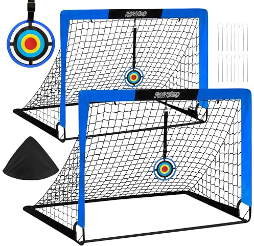 Fitencexu Pop-Up Grind trädgård (120 x 90 x 90 cm) – [set om 2] barn fotbollsmål utomhus med målskivor, robust glasfibermaterial, komplett set med markankare och transportväska (blå)