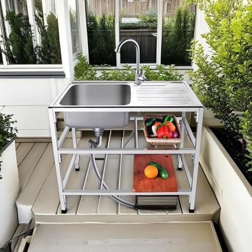 Lavandino da Esterno, Inossidabile con il Rubinetto Girevole 360°,con piattaforma di lavoro, grande capacità di stoccaggio,per Cucina,Ristorante,Caffè,Gara.(Double layer/75 * 40 * 75cm)