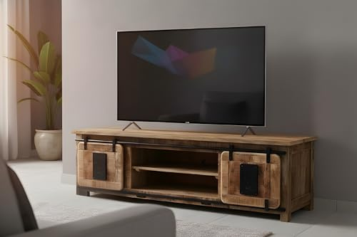 SAM Lowboard Libro II, Mangoholz massiv + Rough, TV-Board/Fernsehkommode mit 2 Holzschiebetüren & 6 offenen Fächern, Türelemente & Reling aus Eisen, 180 x 50 x 55 cm