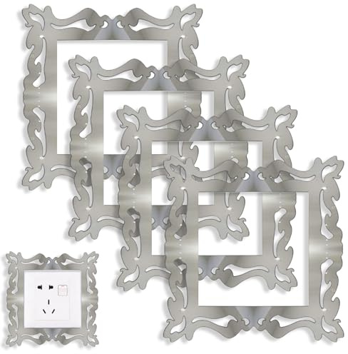 4Pcs Single Light Switch Surround, 3.45 Inches Inner Size Acrylic Single Light Switch Protector Cover Plates, Self Adhesive Silver Lights Switches Surround Stickers for Home Wall Decoration Sliver