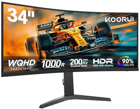 KOORUI 34 Pollici Gaming Monitor Curvo 200Hz WQHD 1MS HDR 400 Adaptive Sync | PIP,PBP,altezza regolabile,Inclinazione Regolabile, WQHD 3440x1440,1000R,DCI-P3 90%, VESA, per lavoro d'ufficio o per giocare
