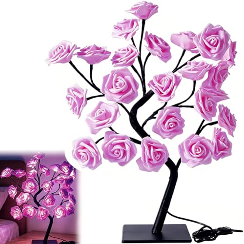 Lámpara de árbol de rosa simulada con 24 LED, cálidas flores blancas de hadas con interruptor, romántica, lámpara de mesa para dormitorio, salón, fiesta, boda, día de San Valentín, alimentado por USB