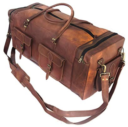 Real Goat Vintage Leather Large Travel Duffel Luggage Handmade, Gym, Hiking Vintage Brown Carry All Genuine Holdall Duffel Bag, Brown, 30(L),12(D), 13(H)