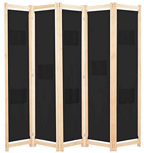 vidaXL Holz Raumteiler 5-TLG. Paravent Trennwand Umkleide Sichtschutz Spanische Wand Raumtrenner Stellwand Schwarz 200x170x4 cm Stoff Klappbar Platzsparend