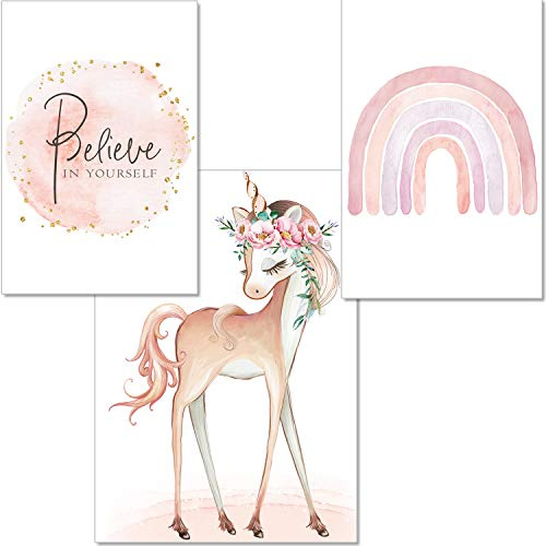artpin® Einhorn Bilder Kinderzimmer 3er Set Wand Dekoration- A4 Poster Rosa Regenbogen Babyzimmer - Deko Mädchen P57