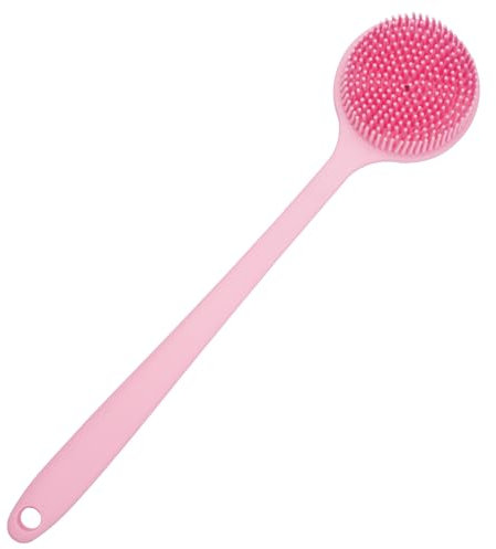 DNC Silicone Back Scrubber for Shower Soft Bath Body Brush with Long Handle (Pink)