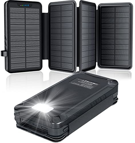 Solar Powerbank 26800mAh, elzle Solar Ladegerät mit 2 USB-A Ausgang & 1 USB-C Eingang, Outdoor Wasserfester Externer Akku mit 4 Solarpanels und Taschenlampe für Smartphones Tablets Camping