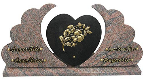 Plaque Mortuaire | Plaque funéraire personnalisée | Plaque funéraire Personnalisable | Plaque Funéraire en Granit Coeur Noir | Rose Clarté | France | 60 cm | 4 Inters