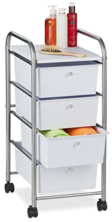 Relaxdays Badrollwagen, 4 Schubladen, Metall & Kunststoff, silber | Rollcontainer Bad, Kosmetik, HBT: 74 x 33 x 39 cm