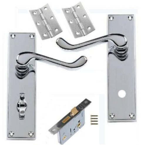 Jiyo.Outdoor Victorian Scroll Bathroom Door Handles, Polished Chrome | Includes screws, spindle, 3-inch hinges, and a mortise lock. Durable metal build with a 150mm x 42mm backplate.