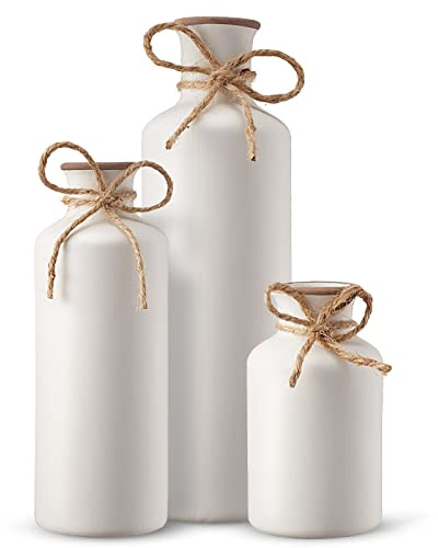 3 vasi in ceramica, set di vasi da fiori decorativi rustici per decorazione moderna di fattoria, centrotavola ed eventi, tavolo, libreria, mensola del camino e decorazione d'ingresso (bianco)