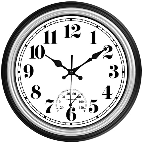 JENLYSTIME 12 Inch Indoor/Outdoor Retro Waterproof Wall Clock with Thermometer Silent Round Quartz Battery Operated Easy to Read Decorative for Kitchen Patio,Bathroom,Deck,Porch,Pool(Silver)