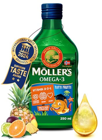 Möller's Omega 3 Lebertran | Nordic omega 3 kinder Nahrungsergänzung mit EPA, DHA, Vitamin A, D und E | Hochreiner natürlicher Lebertran | 165 Jahre alte Marke | Tutti Frutti | 250 ML