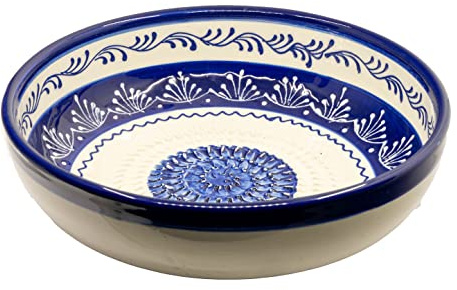 Kaladia - Reibeschüssel/Keramikhobel - ideal zum Gewürze reiben und Servieren von Gerichten - Motiv: Blau/Weiß - Durchmesser: 23 cm - handgemacht & handbemalt - Made in Spain