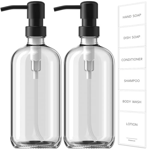 GMISUN Glass Soap Dispenser with Pump, 2 Pack Clear Bathroom Hand Soap Dispenser with Stainless Steel Pump, 17 Fl Oz Refillable Kitchen Hand and Dish Soap Dispensers Set, Modern Liquid Pump Bottles