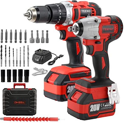 Llave de impacto inalámbrica Brushless TEENO, 320 Nm Boulonneuse a Choc, Taladro de Percussion, 2 baterías de 3.0 Ah, 1 cargador, 29 accesorios, control de cambio de velocidad de 2 velocidades